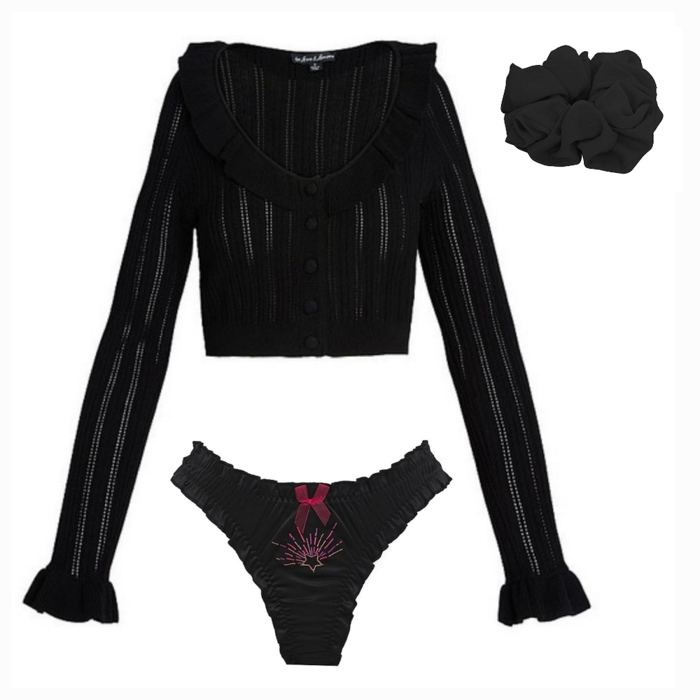 🌠 3pc For Love and Lemons Camille Cardigan, Ruffle Thong & Scrunchie Set 🌠 - Picture 3 of 16